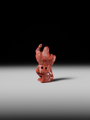 Lot 368 - MATSUKI HOKEI: A SUPERB TSUISHU LACQUER NETSUKE OF A BUTTERFLY DANCER, KOCHO NO MAI