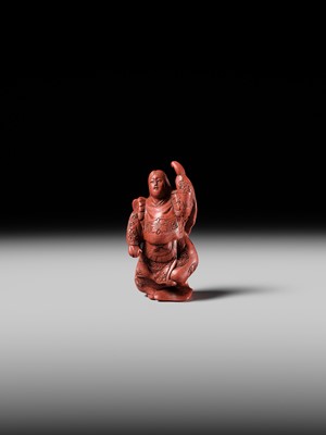 Lot 368 - MATSUKI HOKEI: A SUPERB TSUISHU LACQUER NETSUKE OF A BUTTERFLY DANCER, KOCHO NO MAI