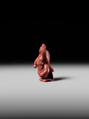 Lot 368 - MATSUKI HOKEI: A SUPERB TSUISHU LACQUER NETSUKE OF A BUTTERFLY DANCER, KOCHO NO MAI