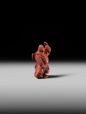 Lot 368 - MATSUKI HOKEI: A SUPERB TSUISHU LACQUER NETSUKE OF A BUTTERFLY DANCER, KOCHO NO MAI