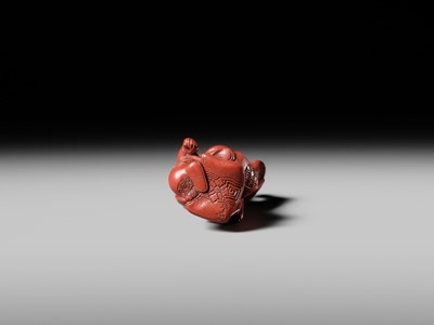 Lot 368 - MATSUKI HOKEI: A SUPERB TSUISHU LACQUER NETSUKE OF A BUTTERFLY DANCER, KOCHO NO MAI