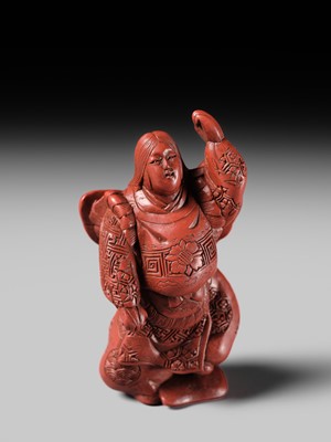 Lot 368 - MATSUKI HOKEI: A SUPERB TSUISHU LACQUER NETSUKE OF A BUTTERFLY DANCER, KOCHO NO MAI