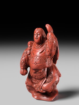 Lot 368 - MATSUKI HOKEI: A SUPERB TSUISHU LACQUER NETSUKE OF A BUTTERFLY DANCER, KOCHO NO MAI