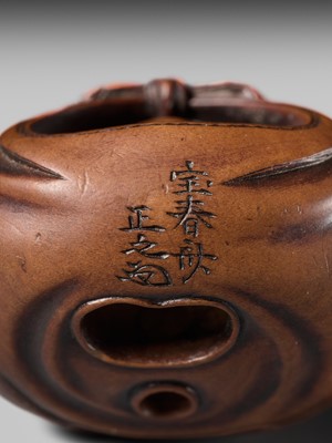 Lot 428 - HOSHUNSAI MASAYUKI: A FINE WOOD NETSUKE OF HOTEI IN HIS TREASURE BAG