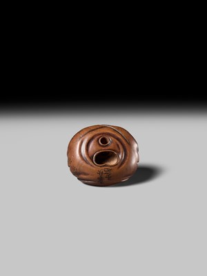 Lot 428 - HOSHUNSAI MASAYUKI: A FINE WOOD NETSUKE OF HOTEI IN HIS TREASURE BAG