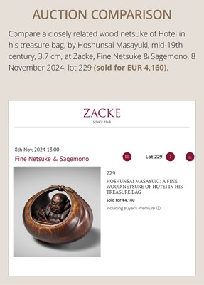 Lot 428 - HOSHUNSAI MASAYUKI: A FINE WOOD NETSUKE OF HOTEI IN HIS TREASURE BAG