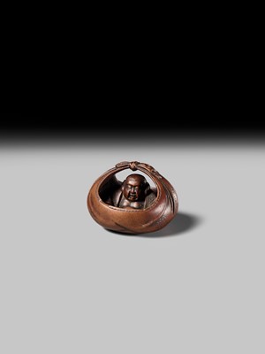 Lot 428 - HOSHUNSAI MASAYUKI: A FINE WOOD NETSUKE OF HOTEI IN HIS TREASURE BAG