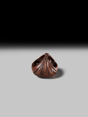 Lot 428 - HOSHUNSAI MASAYUKI: A FINE WOOD NETSUKE OF HOTEI IN HIS TREASURE BAG