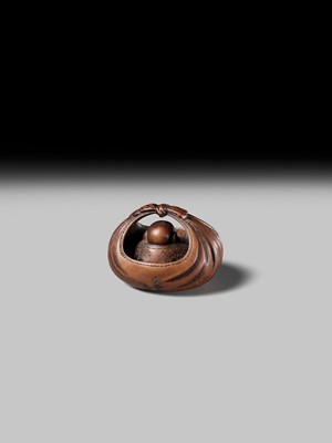 Lot 428 - HOSHUNSAI MASAYUKI: A FINE WOOD NETSUKE OF HOTEI IN HIS TREASURE BAG