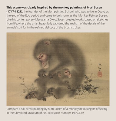 Lot 204 - A FINE AND LARGE ENAMELED ‘MORI SOSEN’ PORCELAIN PLAQUE DEPICTING MONKEYS