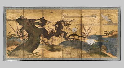 Lot 305 - A KANO SCHOOL SIX-PANEL BYOBU (FOLDING SCREEN) DEPICTING EGRETS AND A BLOSSOMING PLUM TREE