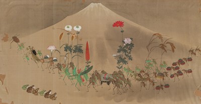 Lot 586 - A PAINTED SILK PANEL DEPICTING AN INSECT DAIMYO PROCESSION