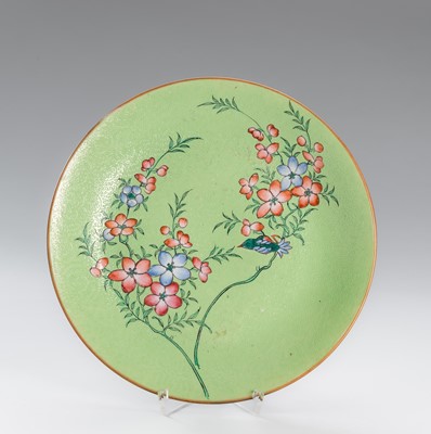 Lot 1150 - A FAMILLE ROSE SGRAFFIATO LIME-GREEN PORCELAIN DISH, JIAQING MARK, QING DYNASTY