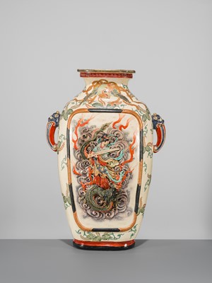 Lot 206 - A LARGE KOZAN STYLE RELIEF-MOLDED ENAMELED EARTHENWARE VASE