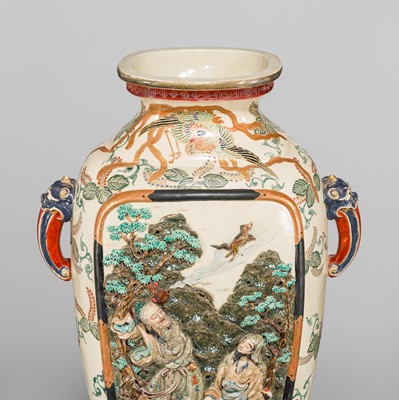 Lot 206 - A LARGE KOZAN STYLE RELIEF-MOLDED ENAMELED EARTHENWARE VASE