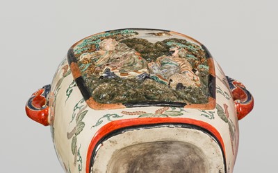 Lot 206 - A LARGE KOZAN STYLE RELIEF-MOLDED ENAMELED EARTHENWARE VASE