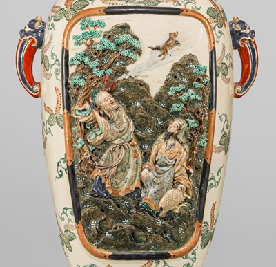 Lot 206 - A LARGE KOZAN STYLE RELIEF-MOLDED ENAMELED EARTHENWARE VASE