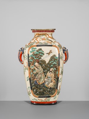 Lot 206 - A LARGE KOZAN STYLE RELIEF-MOLDED ENAMELED EARTHENWARE VASE