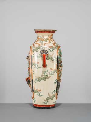 Lot 206 - A LARGE KOZAN STYLE RELIEF-MOLDED ENAMELED EARTHENWARE VASE