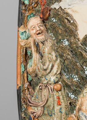 Lot 206 - A LARGE KOZAN STYLE RELIEF-MOLDED ENAMELED EARTHENWARE VASE