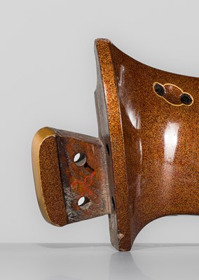 Lot 512 - A SUPERB LACQUERED WOOD KURA (SADDLE) WITH IRISES IN WATER