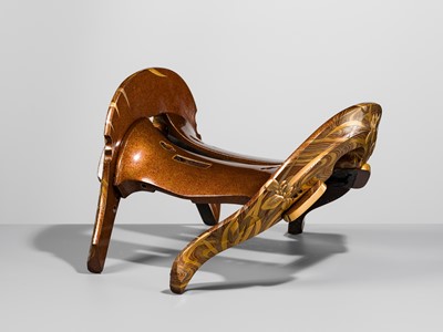 Lot 512 - A SUPERB LACQUERED WOOD KURA (SADDLE) WITH IRISES IN WATER