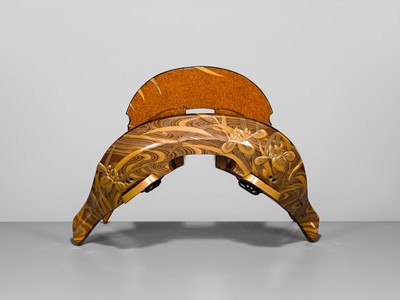 Lot 512 - A SUPERB LACQUERED WOOD KURA (SADDLE) WITH IRISES IN WATER