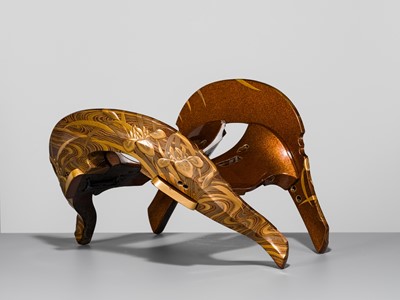 Lot 512 - A SUPERB LACQUERED WOOD KURA (SADDLE) WITH IRISES IN WATER