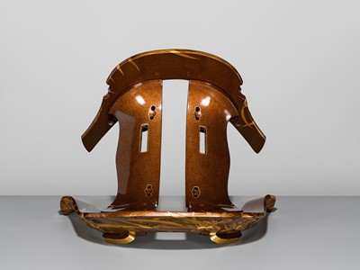 Lot 512 - A SUPERB LACQUERED WOOD KURA (SADDLE) WITH IRISES IN WATER