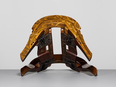 Lot 512 - A SUPERB LACQUERED WOOD KURA (SADDLE) WITH IRISES IN WATER