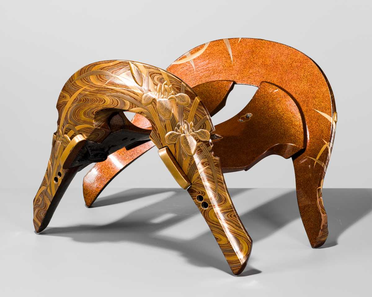 Lot 512 - A SUPERB LACQUERED WOOD KURA (SADDLE) WITH IRISES IN WATER