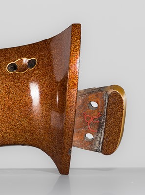Lot 512 - A SUPERB LACQUERED WOOD KURA (SADDLE) WITH IRISES IN WATER