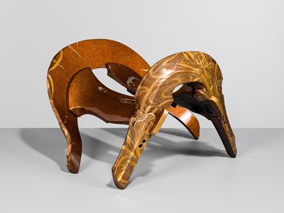 Lot 512 - A SUPERB LACQUERED WOOD KURA (SADDLE) WITH IRISES IN WATER