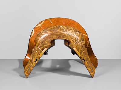 Lot 512 - A SUPERB LACQUERED WOOD KURA (SADDLE) WITH IRISES IN WATER