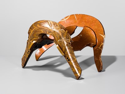 Lot 512 - A SUPERB LACQUERED WOOD KURA (SADDLE) WITH IRISES IN WATER