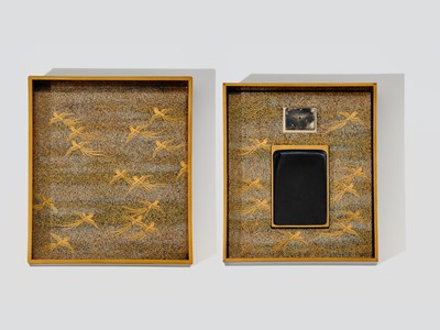 Lot 233 - SUIGETSU: A FINE ‘ANCIENT SPRING OF THE NEW YEAR’ LACQUER SUZURIBAKO (WRITING BOX)