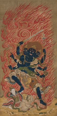 Lot 140 - A BUDDHIST PAINTING DEPICTING GOZANZE MYO-O, MUROMACHI PERIOD