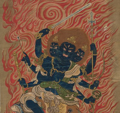 Lot 140 - A BUDDHIST PAINTING DEPICTING GOZANZE MYO-O, MUROMACHI PERIOD