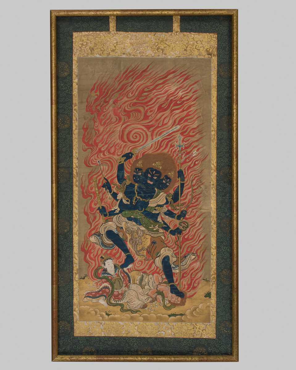 Lot 140 - A BUDDHIST PAINTING DEPICTING GOZANZE MYO-O, MUROMACHI PERIOD