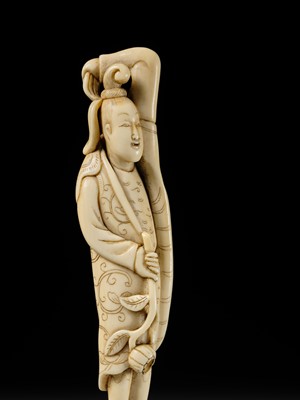 Lot 108 - A REMARKABLE TALL IVORY NETSUKE OF A YOUTHFUL CHINESE FIGURE