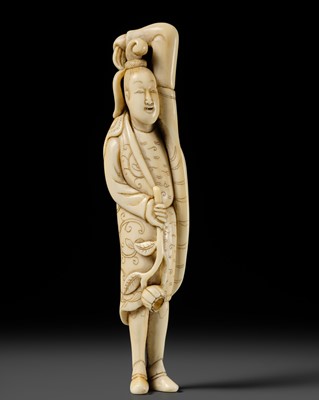 Lot 108 - A REMARKABLE TALL IVORY NETSUKE OF A YOUTHFUL CHINESE FIGURE