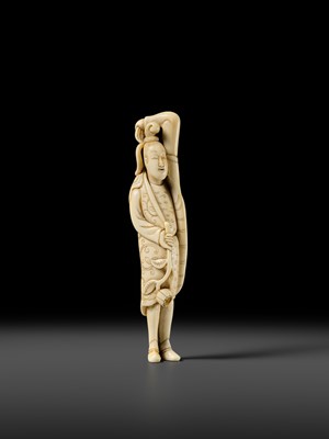 Lot 108 - A REMARKABLE TALL IVORY NETSUKE OF A YOUTHFUL CHINESE FIGURE