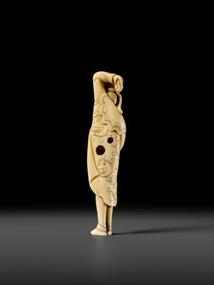 Lot 108 - A REMARKABLE TALL IVORY NETSUKE OF A YOUTHFUL CHINESE FIGURE