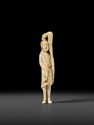 Lot 108 - A REMARKABLE TALL IVORY NETSUKE OF A YOUTHFUL CHINESE FIGURE
