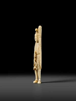 Lot 108 - A REMARKABLE TALL IVORY NETSUKE OF A YOUTHFUL CHINESE FIGURE
