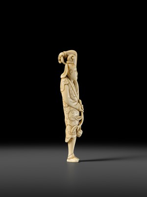 Lot 108 - A REMARKABLE TALL IVORY NETSUKE OF A YOUTHFUL CHINESE FIGURE