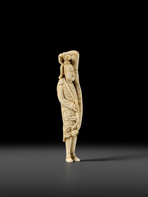 Lot 108 - A REMARKABLE TALL IVORY NETSUKE OF A YOUTHFUL CHINESE FIGURE