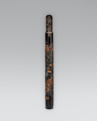 HOGYOKU: A FINE TSUIKOKU LACQUER KISERUZUTSU (PIPE CASE) WITH CRANES