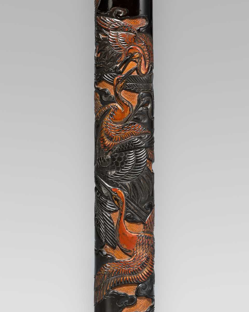 HOGYOKU: A FINE TSUIKOKU LACQUER KISERUZUTSU (PIPE CASE) WITH CRANES