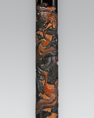 HOGYOKU: A FINE TSUIKOKU LACQUER KISERUZUTSU (PIPE CASE) WITH CRANES